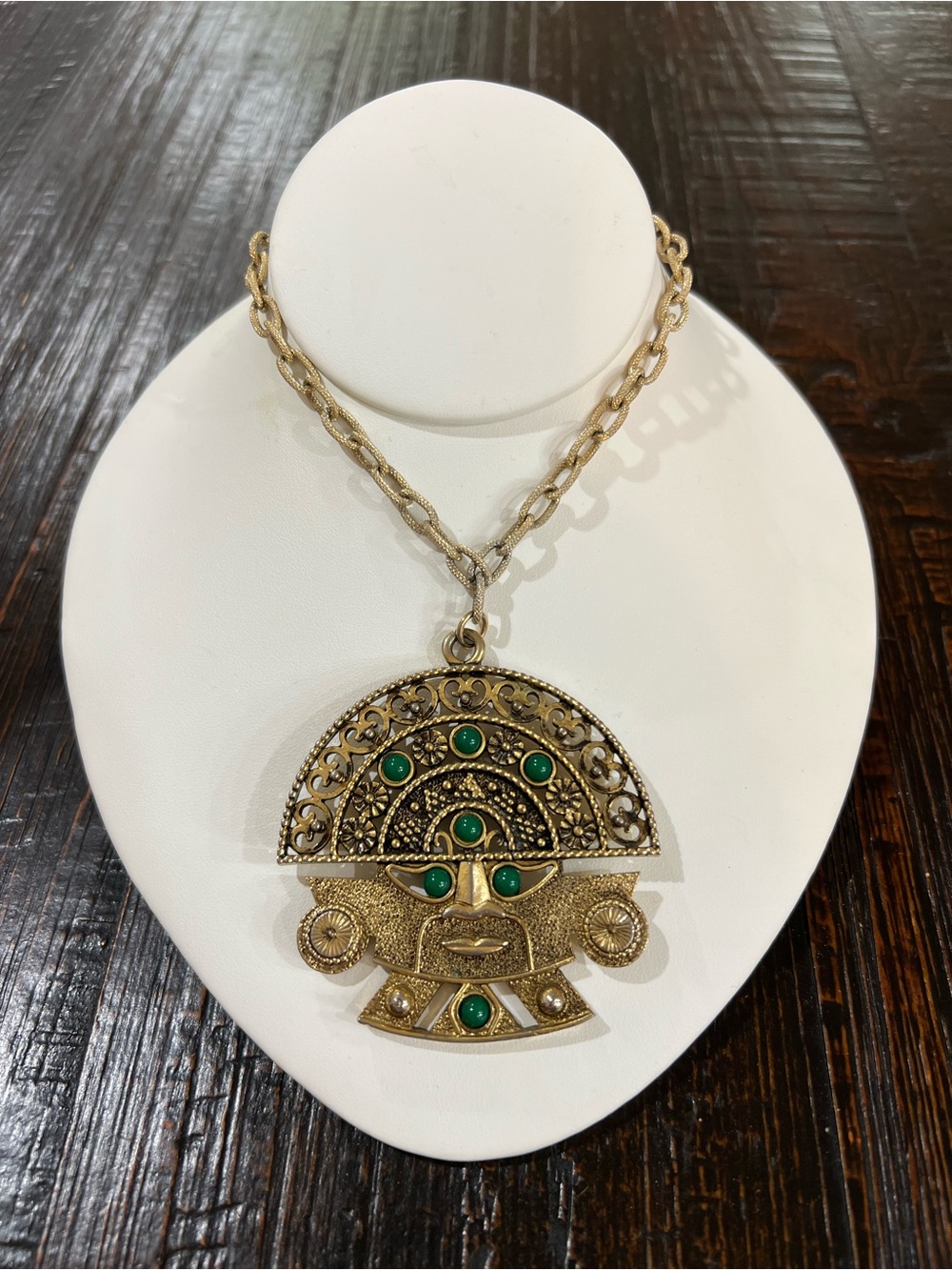 Vintage Emmons Aztec Mayan Gold Tone Face Statement Pendant Large Necklace